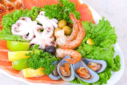 整套海食食品胡椒午餐营养宏观螃蟹章鱼食物牡蛎树叶蔬菜图片