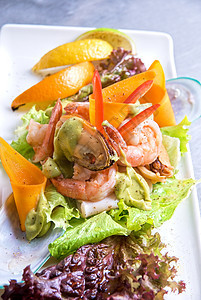 海食沙拉菜盘宏观沙拉螃蟹牡蛎食物青菜午餐营养美食海鲜图片