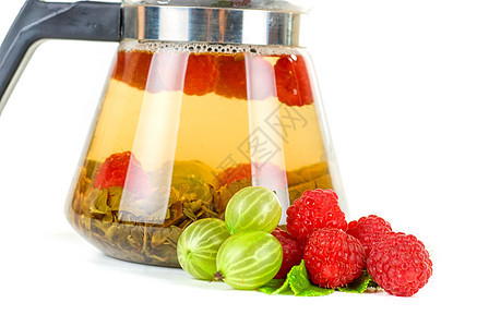 白莓茶覆盆子饮食水果液体醋栗茶壶饮料输液玻璃叶子图片
