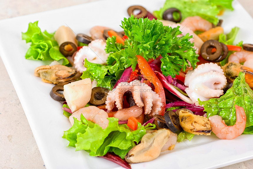 海食沙拉海鲜蔬菜贝类食物胡椒对虾牡蛎盘子营养青菜图片