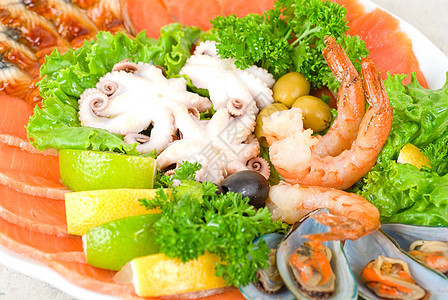 海食沙拉盘子贝类章鱼营养海鲜美食对虾胡椒午餐小吃图片