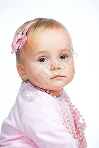 一个可爱女婴的肖像古董微笑丝带孩子珍珠女性嘴唇眼睛盒子女孩图片