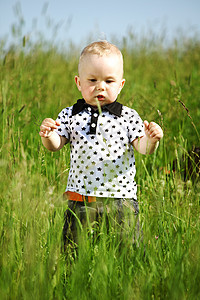 青草中的男孩儿子孩子场地婴儿喜悦蓝色幸福生活衬衫天空图片