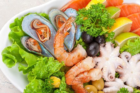 海食沙拉胡椒乌贼小吃宏观贝类对虾盘子青菜海鲜螃蟹图片