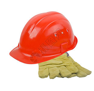 头盔和手套头饰红色工作服图片