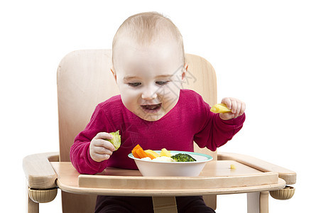 以高椅子吃饭的幼儿儿童食物不满小菜蔬菜木材白色辅食营养品高脚椅图片