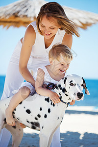 家庭在海滩上太阳快乐母亲宠物友谊女士斑点女性假期育儿图片