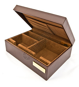 白色背景的棕色皮箱盒子倾斜礼物摄影包装宏观黑色皮革展示贮存图片
