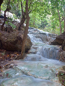 Erawan 水壁热带天堂瀑布石头溪流森林丛林课程小溪避难所图片