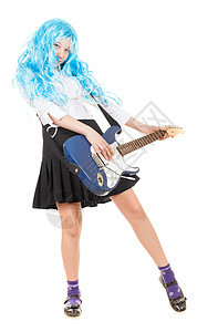 少女摇滚星蓝色孩子冒充裙子乐趣吉他童年音乐吉他手假发图片