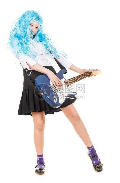 少女摇滚星蓝色孩子冒充裙子乐趣吉他童年音乐吉他手假发图片