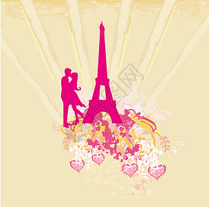 巴黎的浪漫情侣在艾菲尔铁塔附近接吻城市拥抱旅游热情日落男性女性女士游客夫妻图片