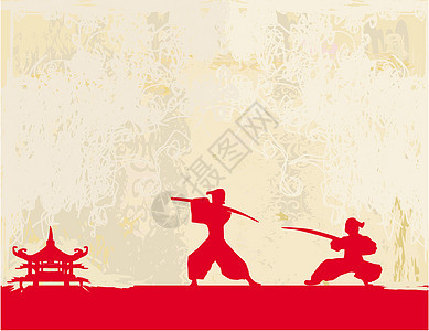 旧纸 印有武士长的轮廓宝塔日落武士花朵太阳天空寺庙忍者插图文化图片