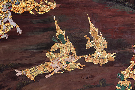 庙墙上传统的泰文风格绘画建筑佛教徒金子文化寺庙艺术宗教历史手工建筑学图片