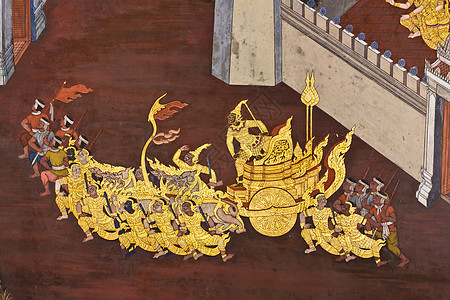庙墙上传统的泰文风格绘画寺庙佛教徒古董金子建筑宗教工艺旅行艺术假期图片