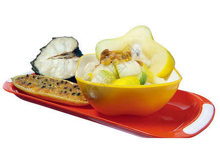 带有热带水果的沙拉甘蔗药品白色异国食物果汁情调活力图片