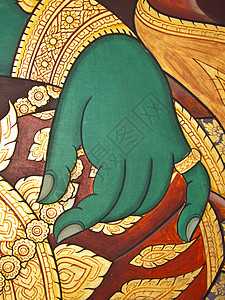 古老的泰国传统艺术绘画 在寺庙作为背景手指古董建筑学文化风格孔雀线条叶子历史旅游图片