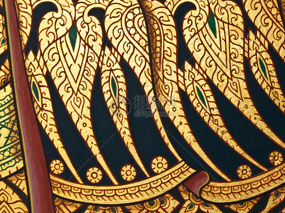 古老的泰国传统艺术绘画 在寺庙作为背景装饰风格建筑学金子墙纸装饰品旅游线条手指植物图片