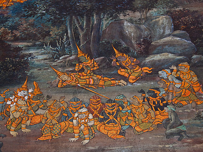 古老的泰国传统风格在寺庙上绘画装饰线条孔雀金子植物传奇装饰品古董叶子文化图片