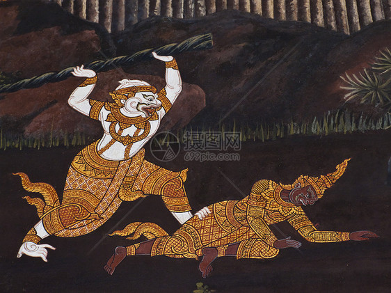 古老的泰国传统风格在寺庙上绘画旅游装饰传奇装饰品古董宗教金子历史线条艺术图片