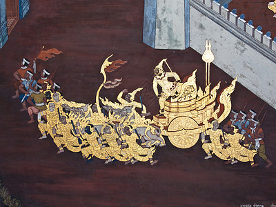 古老的泰国传统艺术绘画 在寺庙作为背景传奇古董装饰品墙纸装饰线条历史风格孔雀宗教图片
