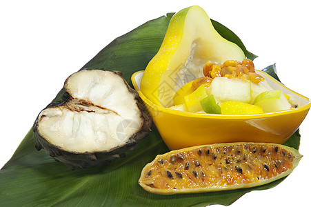 带有热带水果的沙拉活力异国药品果汁甘蔗情调白色食物图片