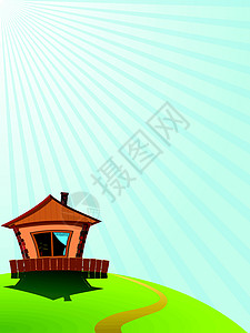 山上的小屋太阳村庄场景土地天空射线住宅爬坡卡通片建筑图片