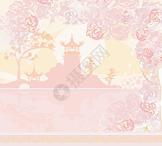 旧亚洲风貌纸天空寺庙文化建筑宝塔插图樱花日落花瓣植物背景图片