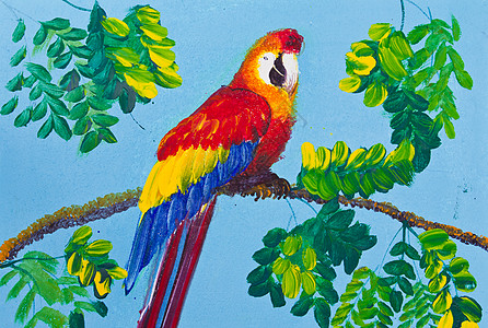 鹦鹉画彩画红色金刚鹦鹉的海报颜色刷子鹦鹉粉色艺术家蓝色艺术纤维插图绘画绿色背景