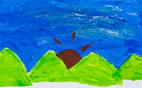 八岁小孩的画画太阳艺术调色板工作室帆布绘画房子刷子风景插图图片