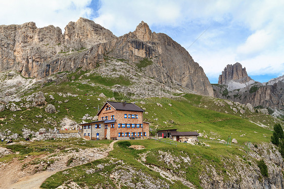多洛米特人卡蒂纳西奥山顶峰小路远足旅游团体旅行远足者蓝色全景假期图片