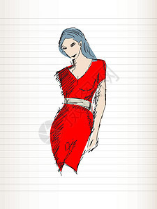 时装姿势红色女士艺术草图女孩插图头发裙子图片