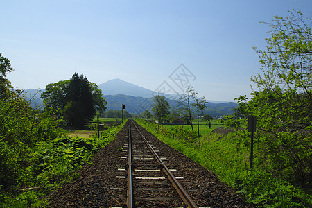 新的绿色和铁路蓝色天空季节火车旅行图片