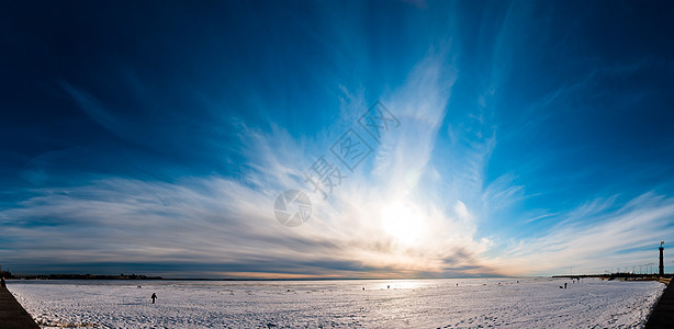 美丽的云云天空在冰面上全景图片