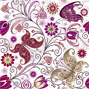 文体无缝无缝模式白色蝴蝶植物粉色叶子雕刻紫色墙纸滚动卷曲图片
