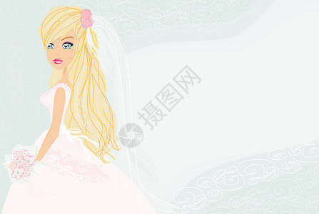 美丽的新娘卡涂鸦仪式婚礼女孩花朵青年化妆品头发金发女郎插图图片