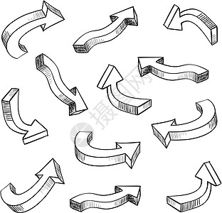 3D 箭头粗略设计元素组矢量说明线条圆形白色阴影手工水平草图漩涡指针插图图片