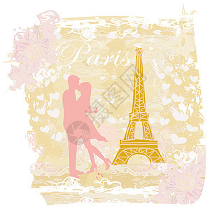 在巴黎的浪漫情侣亲吻埃菲尔铁铁回流卡游客热情文化女士拥抱女性天空国家旅行旅游图片