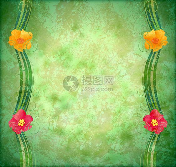 带有花花边框的绿色纹纸背景邀请函叶子植物花瓣卡片花园框架边界花束艺术图片