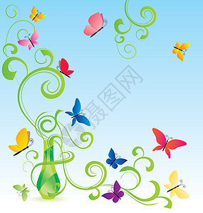 绿色春香瓶 盛装鲜花和蝴蝶图片