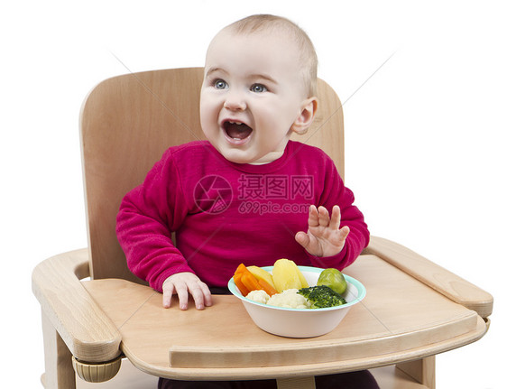 以高椅子吃饭的幼儿儿童菜花辅食小菜木头高脚椅土豆食物不满木材图片