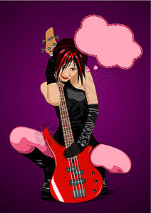 配吉他摇滚女孩矢量插图爱好卡通片紫色艺术深色气泡讲话文化女性摇滚乐图片