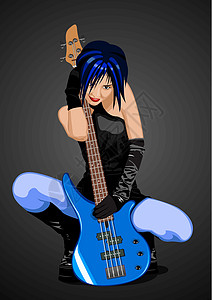 配吉他摇滚女孩矢量插图青少年艺术裙子深色爱好艺术品音乐力量蓝色音乐家图片