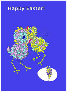 带鸡的复活节快乐卡蓝色绿色小鸡黄色卡片红色图片