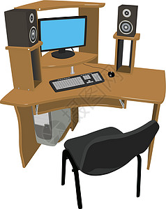 现代个人电脑在表格上细胞插图老鼠书柜监视器工作职场桌面技术木头图片
