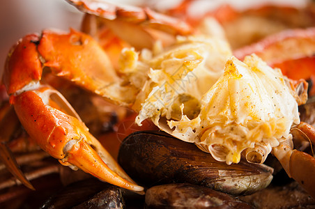 螃蟹和贝壳鱼动物用餐盘子小龙虾柠檬午餐海洋营养桌子贝类图片