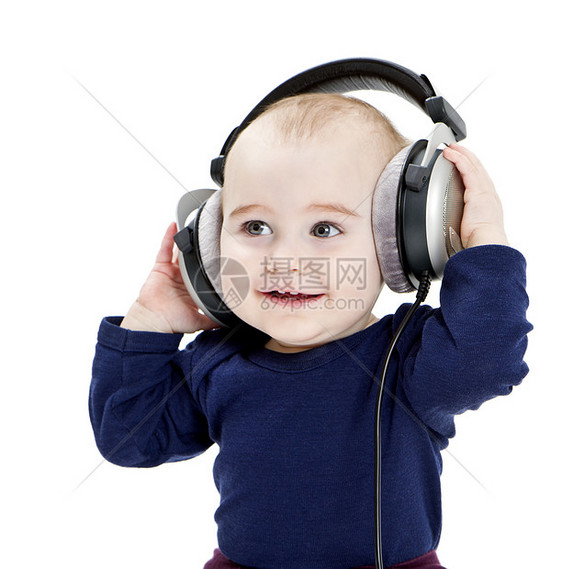 听音乐的有耳机的幼儿音乐立体声儿童唱歌孩子们婴儿青春期孩子手机白色图片
