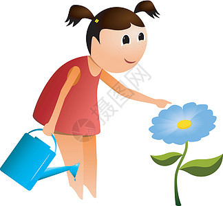 女孩有水罐和花朵 矢量图片