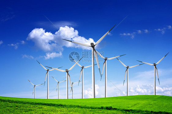 风力涡轮机景观桅杆工业绿色白色活力站立保护场地草地蓝色图片