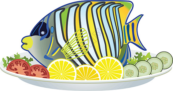 盘子上煮熟的鱼和生蔬菜美食插图海鲜海洋用餐烹饪营养柠檬食物饮食图片